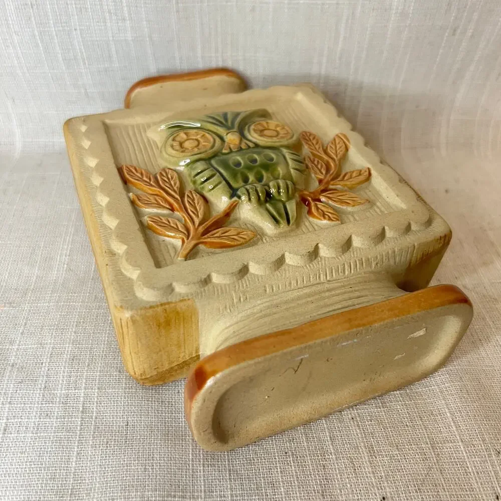 Vintage 70s Owl Vase Square Boho Green Cream Tan Glaze 7 Inches Tall Bohemian - Picture 9 of 9